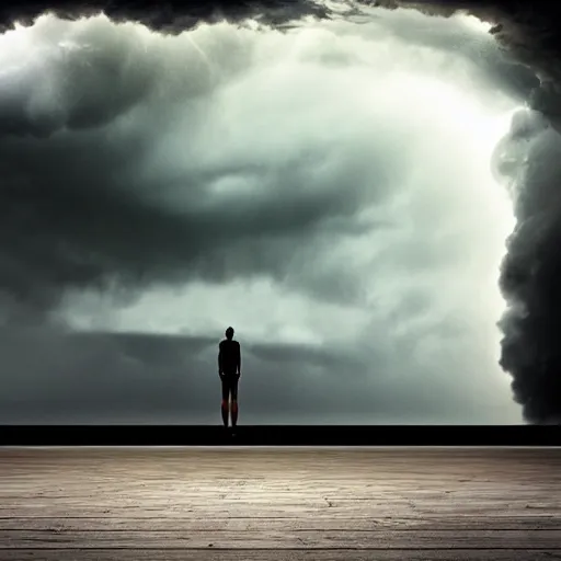 Image similar to gigantic skyscaper standing alone in a giant sea, storm, thunder, dark, art