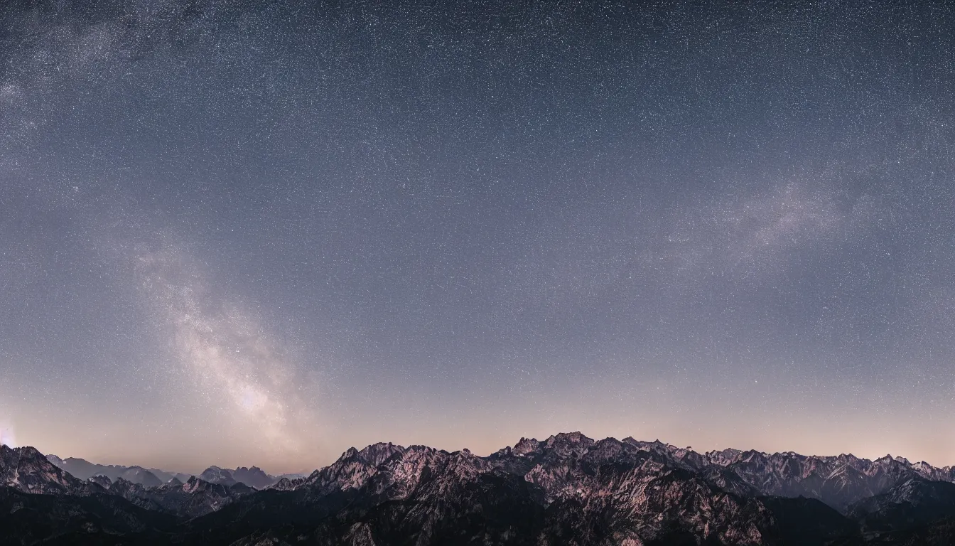 Image similar to night view of mountains and the milky, 8k photography