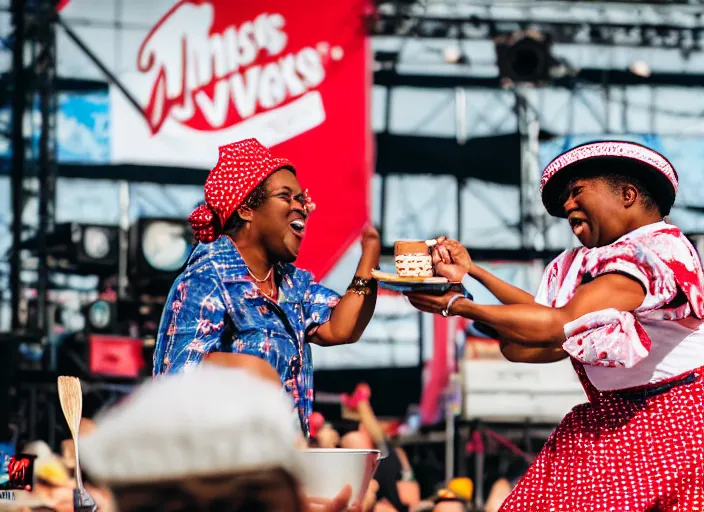 Image similar to photo still of aunt jemima in period attire at vans warped tour!!!!!!!! at age 4 0 years old 4 0 years of age!!!!!!! on stage throwing pancakes to the crowd, 8 k, 8 5 mm f 1. 8, studio lighting, rim light, right side key light