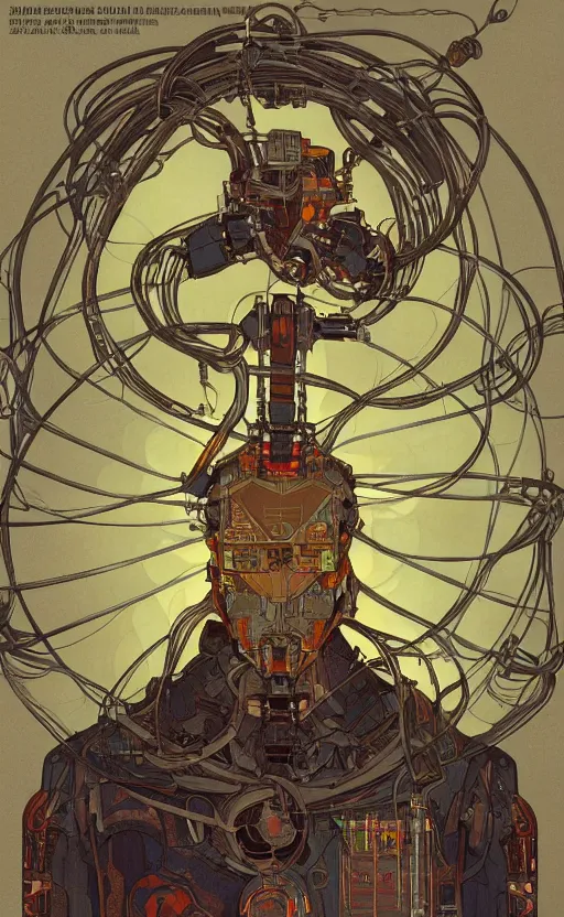 Image similar to upper half portrait of army mecha robot - wires and vines as poster design borders, art by alphonse mucha, highly detailed, digital painting, concept art, illustration, smooth sharp focus, intricate, symmetry, artstation, colourful,