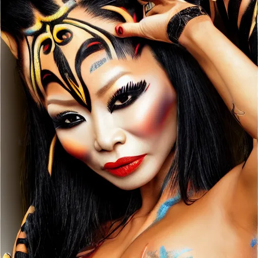 Image similar to bai ling wearing full bodypaint, mummy, hyper realistic, sharp focus, 4k