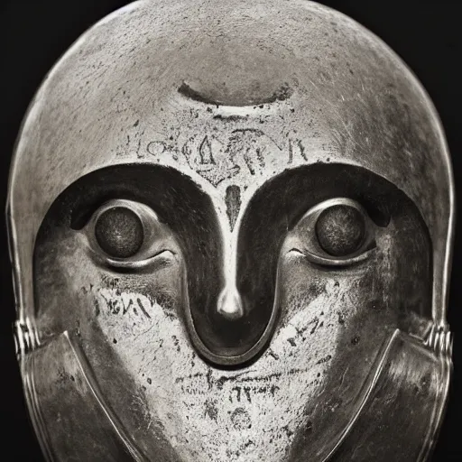 Image similar to photo portrait of 19 century brutal shiny metal face mask with fine detail engravings and runes cultist lord rich baron by Diane Arbus and Louis Daguerre