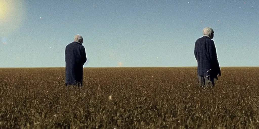 Image similar to an old man in a field looking at multiverse bubbles in the sky, scene from a stanley kubrick movie, in c