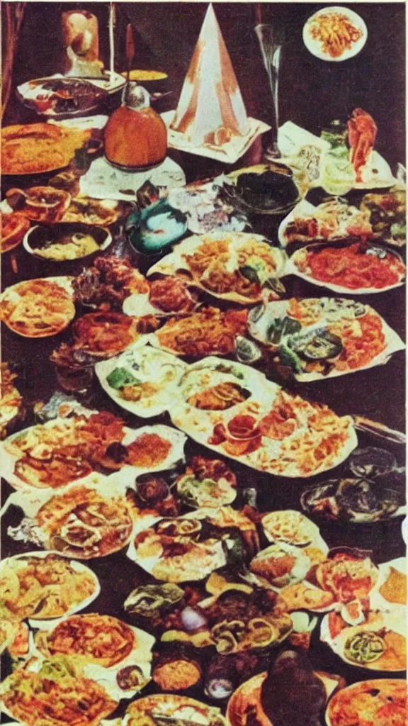 Prompt: occult food, 1 9 7 0 s food magazine photograph