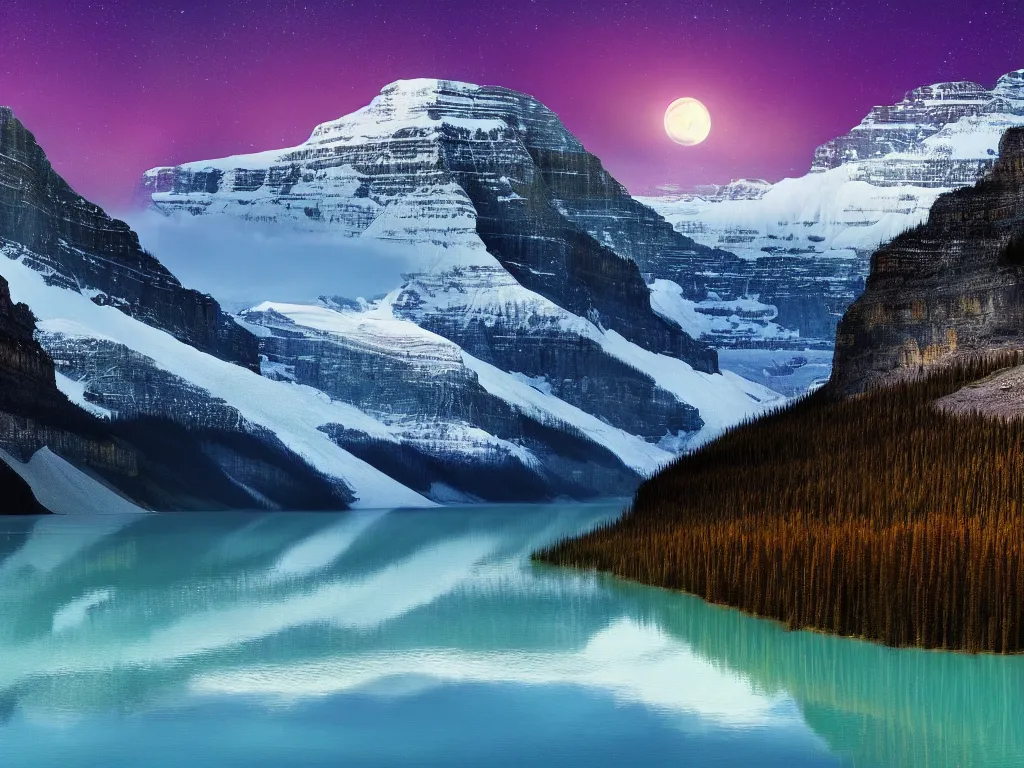 Image similar to a matte painting of Lake Louise in fall, moonlight, northern lights, highly detailed, artstation, HD wallpaper