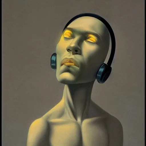 Image similar to a demon listening to headphones by Raphael, Hopper, and Rene Magritte. detailed, romantic, enchanting, trending on artstation.