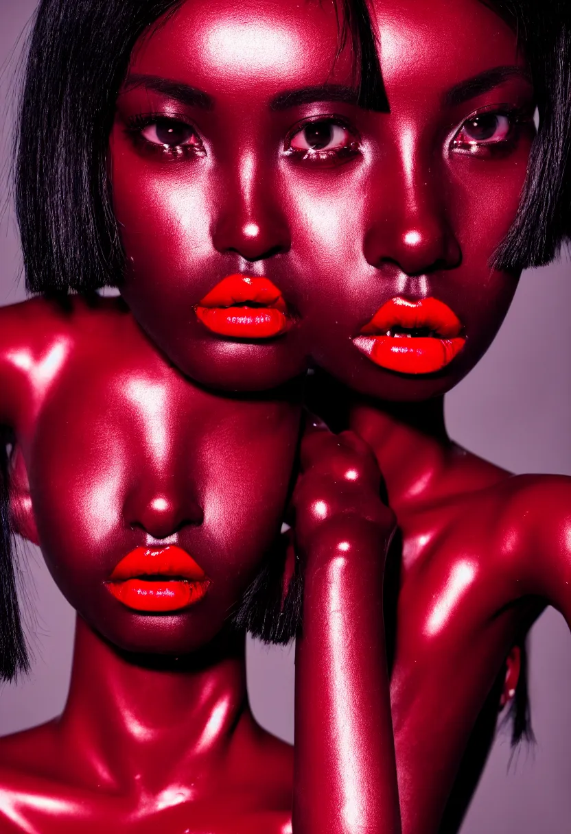 Image similar to medium shot, photograph of alluring dark skin female robot looking into camera, red lipstick, sharp focus,, chromatic abberations, as fashion editorial 90s