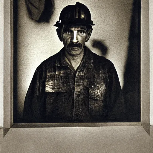 Image similar to portrait of coal mine worker by Diane Arbus, 50mm, bokeh