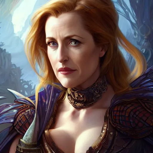 Image similar to gillian anderson, d & d, fantasy, intricate, elegant, highly detailed, digital painting, artstation, concept art, matte, sharp focus, illustration, hearthstone, art by artgerm and greg rutkowski and alphonse mucha