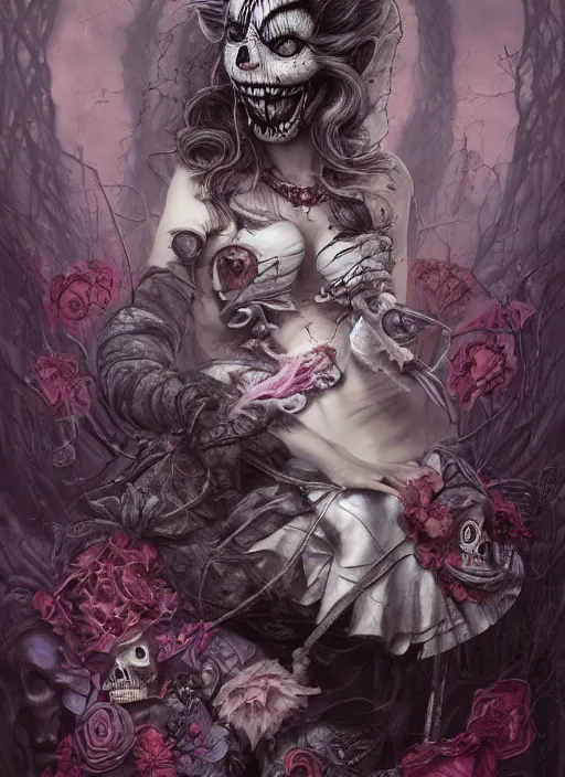 Image similar to Queen of Hearts, Cheshire Cat, Alice in Wonderland, Death Tarot card,highly detailed,half skull face,cinematic,8k,by Stanley Artgermm,Tom Bagshaw,Greg Rutkowski,Carne Griffiths, Ayami Kojima, Beksinski, Giger,trending on DeviantArt,hyper detailed,horror, full of colour