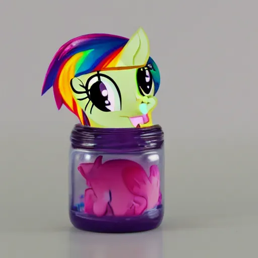 Image similar to a my little pony figure in a jar covered in a mysterious sticky yellowish fluid