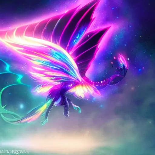 Image similar to bioluminescent winged fairy dragon breathing out the galaxy in 4 k colorful soft lighting diffuse powerful dielectric effects twisting artstation trending high definition high detail low orthogonality