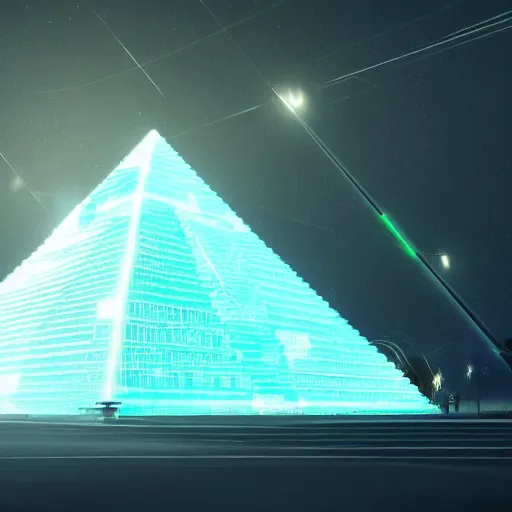 Image similar to a hyper realistic picture of a cyberpunk pyramid with multiple lights coming out of it