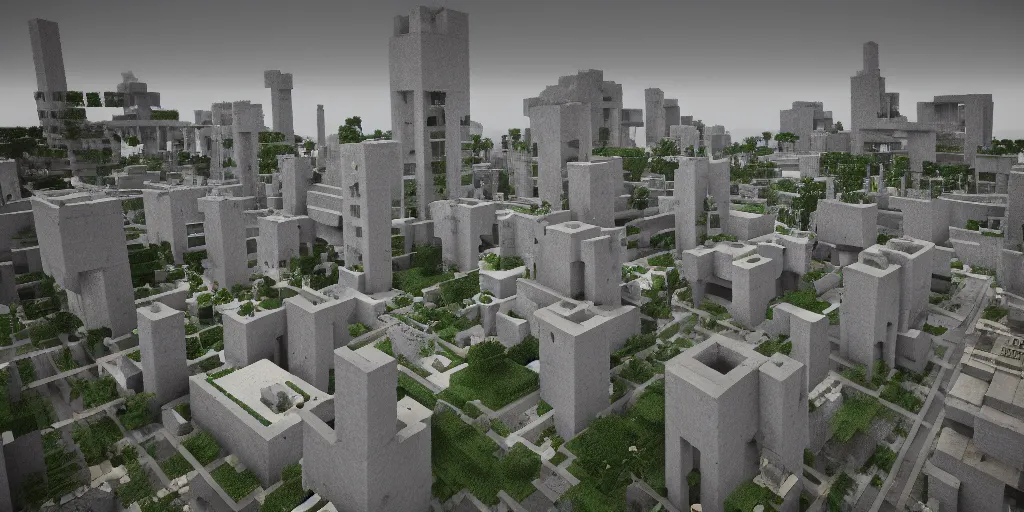 Prompt: brutalist concrete pyramids in minecraft style by Le Corbusier, abandoned temples, empty city streetscapes, surrounded by lush green vegetation, ground-level view, puddles of water, stunning volumetric lighting, sunset, trending on Artstation, 8k, photorealistic, hyper detailed, unreal engine 5, cinematic, epic lighting, cryengine, octane render, cyberpunk,, dark, gloomy