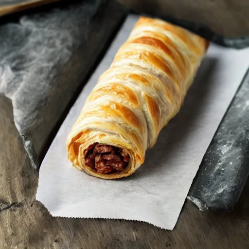 Image similar to ceaseless watcher, turn your gaze upon this wretched greggs sausage roll, horror, photograph