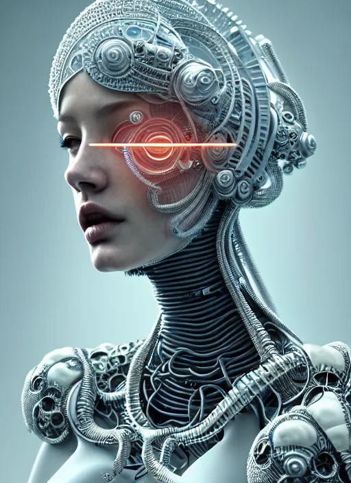 Image similar to portrait of an absurdly beautiful, graceful, sophisticated, fashionable cyberpunk mechanoid, hyperdetailed illustration by irakli nadar and alexandre ferra, intricate linework, white porcelain skin, faberge, coral headdress, unreal engine 5 highly rendered, global illumination, radiant light, detailed and intricate environment