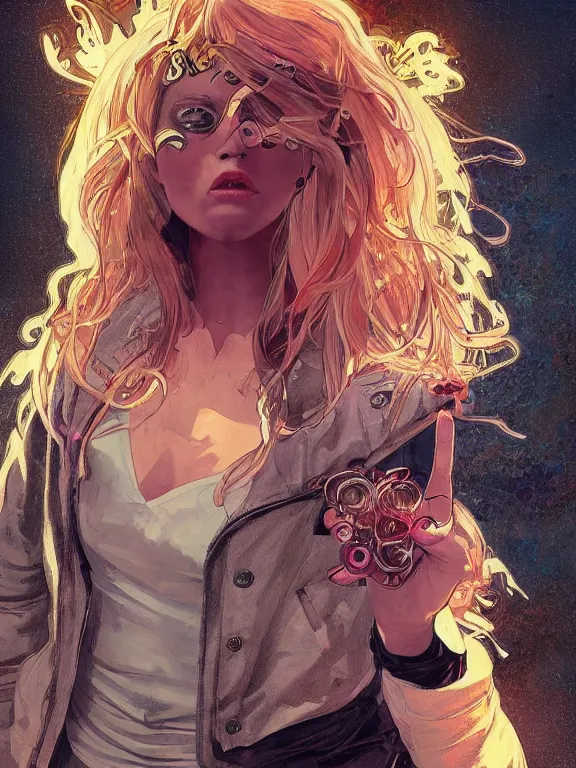 Image similar to digital illustration of a girl with eyes that burn like cigarettes wearing a short skirt and a long jacket with fingernails that shine like justice, dramatic lighting, photorealistic, extreme detail, 4 k, colorful, artgerm and alphonse mucha