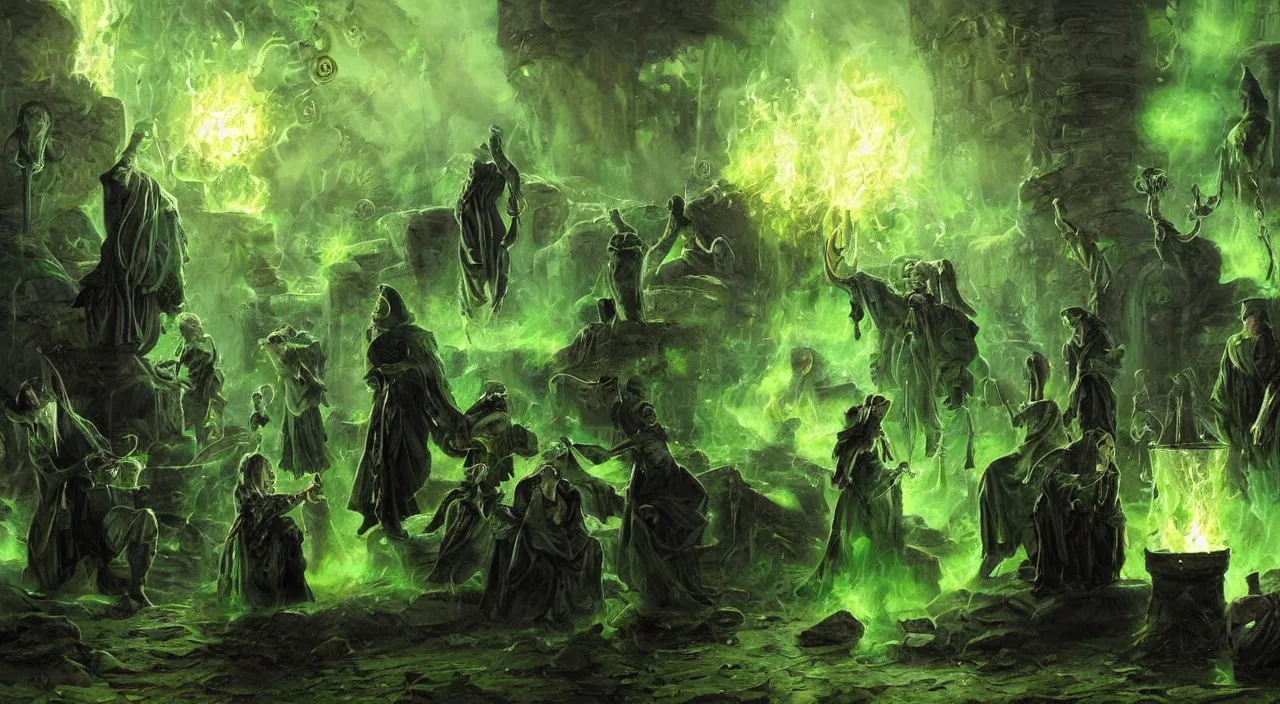 Image similar to A highly detailed oil painting by Greg Rutkowski of a group of sorcerers wearing black robes making a potion in a huge bubbling cauldron glowing bright green, with lots of fire coming from it, highly detailed fantasy concept artwork, very realistic, green and black color scheme, graffiti.