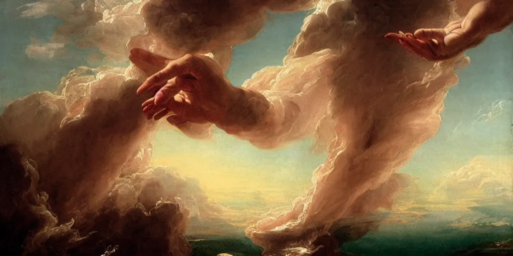 Image similar to a painting of a hand descending from the clouds demanding payment god knows what, in the style of an epic Thomas Cole painting