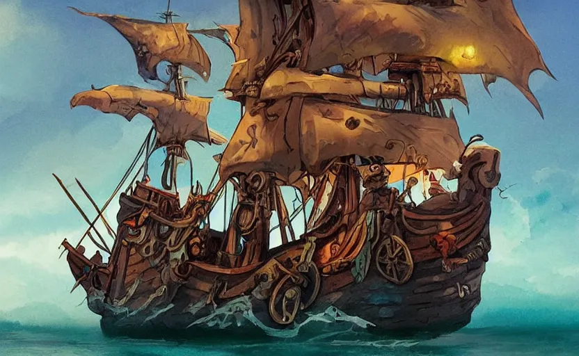 Image similar to pirate ship, storybook, gouache, flat, concept art, lush, artstation