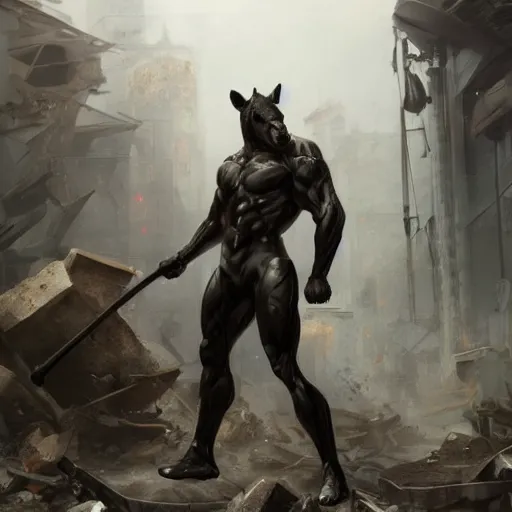 Image similar to splash art of a muscular black - coated anthropomorphic horse character wearing tactical kevlar fabric standing in rubble, long white mane visible, exaggerated muscles, highly detailed, furry, furaffinity, digital painting, artstation, sharp focus, illustration, art by artgerm, greg rutkowski, alphonse mucha