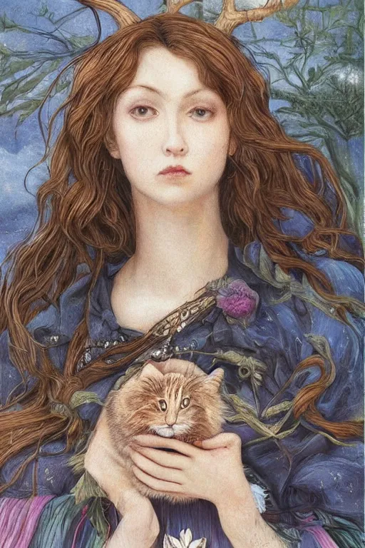 Image similar to An extremely beautiful pre-raphaelite portrait of a cute witch and her cat, surreal, ultradetailed, intricate, elegant, detailed, digital painting, artstation, concept art, smooth, sharp focus, illustration, regal, award winning picture, extremely detailed masterpiece, sense of awe, featured on artstation, Artgerm, effervescent punk kawaii-noir pastel bubbles, winning award piece, ethereal rainbows, Aetherpunk, Exquisite details