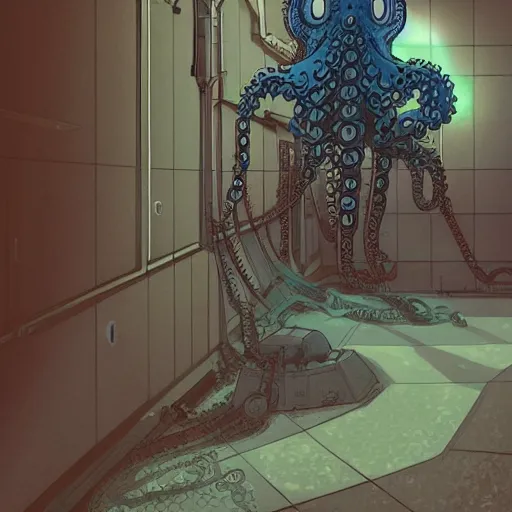 Image similar to robotic Octopus in a hallway, Industrial Scifi, detailed illustration, character portrait, by Martin Grip and Moebius