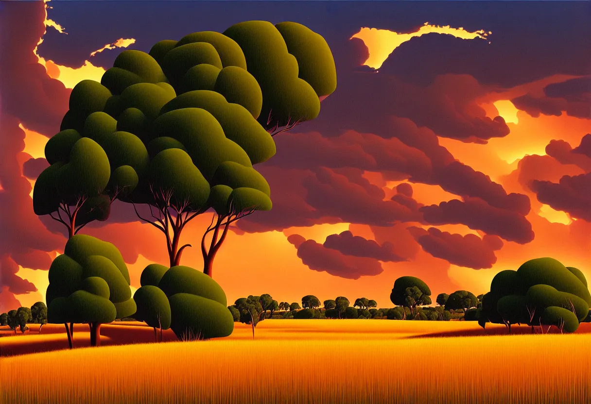 Prompt: the australian wilderness landscape of uluru ayers rock, long grass and scattered rock formations, during summer, dusk lighting, late afternoon storm with lightning, painting by kenton nelson