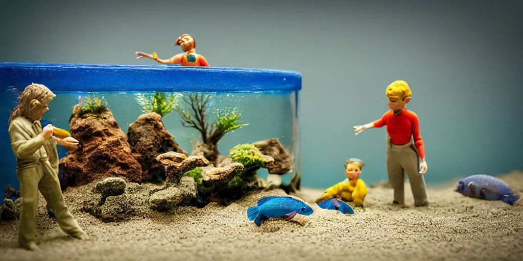 Prompt: fish tank in hospital waiting room. hands in tank. plasticine model of newt. figures clay. weird. surreal. fish tank with sand. strange. bubbles. tilt shift. tank. fighting fish. aquatic photography. photorealistic.