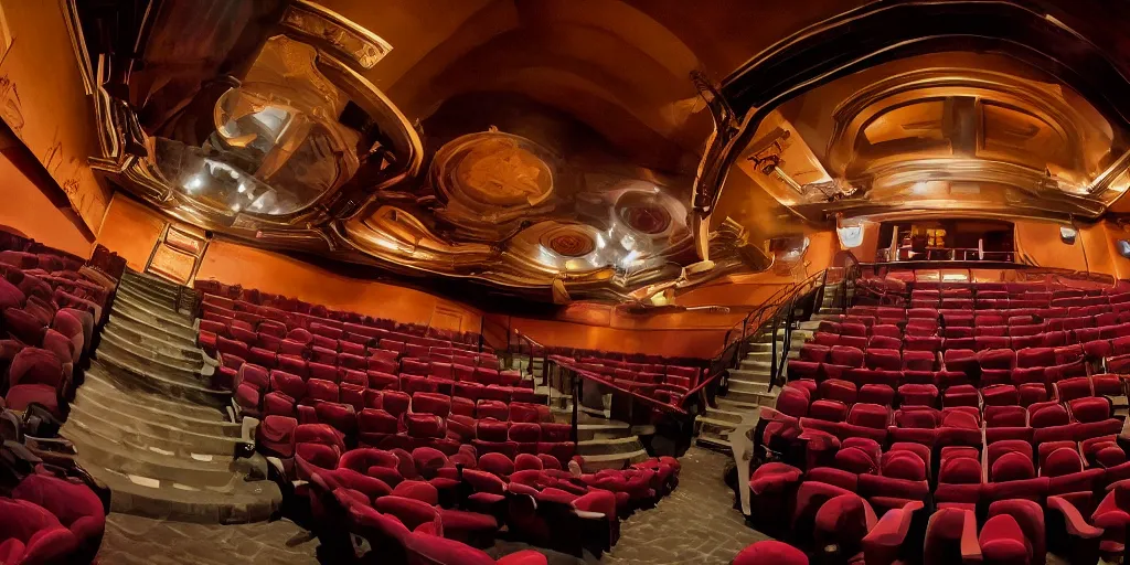 Image similar to a dimly lit, theater hall, 3 doors, 1 staircase, day of the tentacle style, fish eye