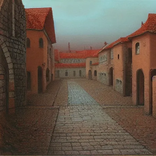Image similar to landscape of old town made by zdzislaw beksinski
