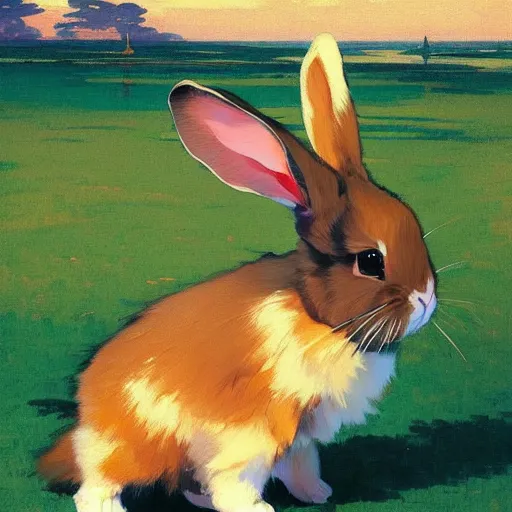 Prompt: a Lop bunny standing up, ears down, by studio ghibli painting, by Joaquin Sorolla rhads Leyendecker, An aesthetically pleasing, dynamic, energetic, lively, well-designed digital art, by Ohara Koson and Thomas Kinkade, traditional Japanese colors, superior quality, masterpiece
