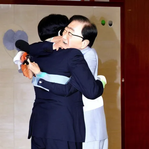 Prompt: korea's president yoon suk - yeol hugging a teletubby