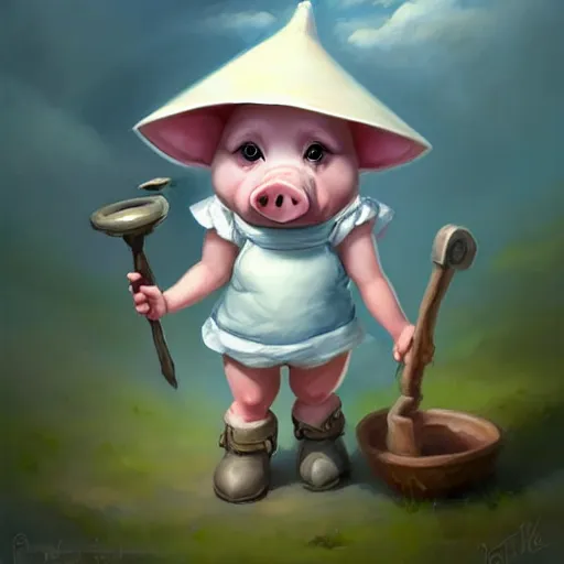 Image similar to cute little anthropomorphic funny female pig wearing shorts, a sunhat, boots and a pale blue shirt!! tiny!! fully clothed!!! small, short, cute and adorable, character art portrait, matte fantasy painting, deviantart artstation, by jason felix by steve argyle by tyler jacobson by peter mohrbacher, cinema