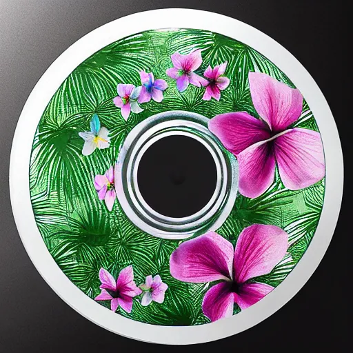 Image similar to a blank cd, reflecting tropical flowers