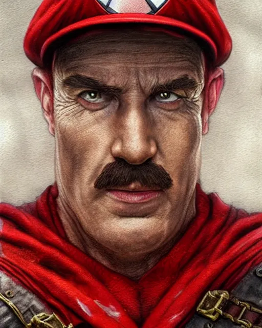 Image similar to portrait of super mario in game of thrones, red cap, beautiful, very detailed, hyperrealistic, medium shot, very detailed painting by Glenn Fabry, by Joao Ruas