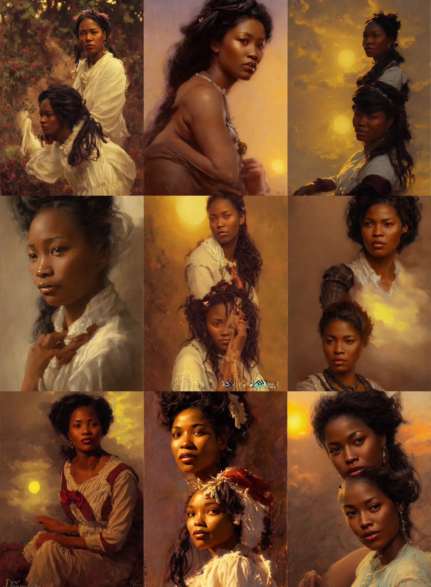 Prompt: fantasy close up portrait of philipinian asian black woman in victorian interior. clouds and sunset light. painting by Darrel K Sweet. Daniel F Gerhartz. Jeremy Lipkin. Hildebrandt Brothers.