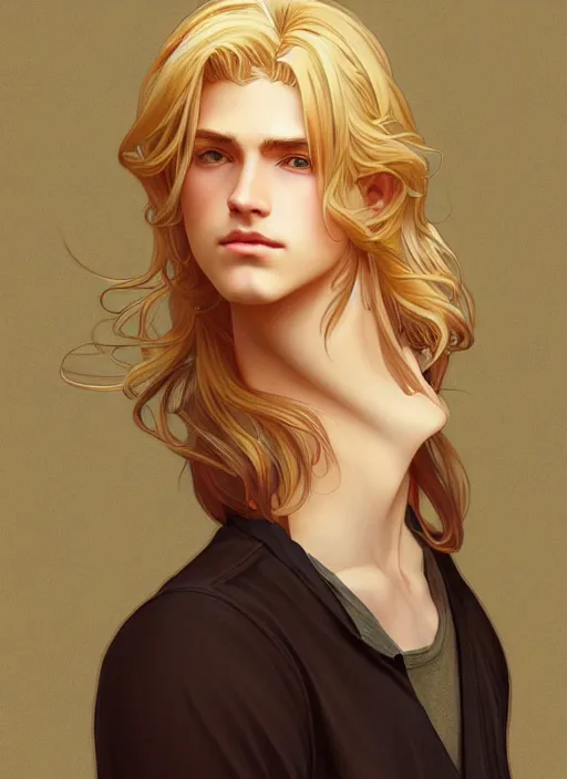 Image similar to pretty young man with shoulder length shiny shimmering golden blond hair, path traced, highly detailed, high quality, digital painting, by studio ghibli and alphonse mucha, leesha hannigan, beautiful details, soft and warm