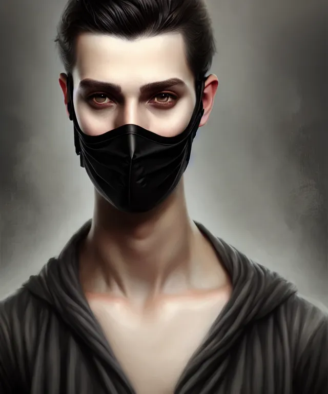 Prompt: european young man wearing medical black mask, beautiful face, highly detailed face!!!, true anatomy!, extremely detailed!, digital painting, unreal engine 5, art by tom bagshaw