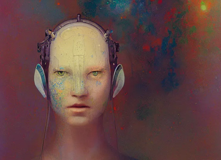 Image similar to portrait of robot cyborg, painterly, yoshitaka amano, miles johnston, agnes pelton, moebius, salmon khoshroo, lee griggs, timothy von rueden, odilon redon, volumetric lighting, miles johnston, james jean