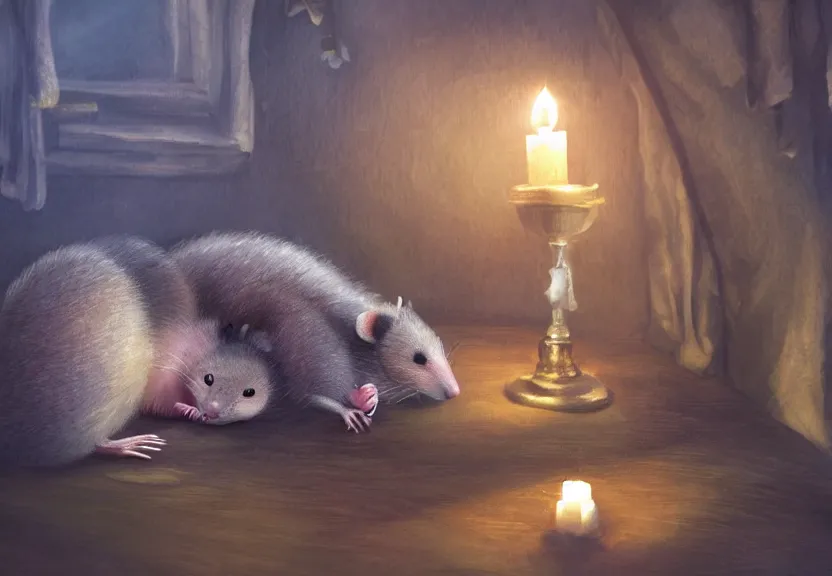 Image similar to cute possum sleeping on a bed in a medieval cluttered cottage at night under the dim light of a candle, dark fantasy, dreaming illusion, trending on artstation