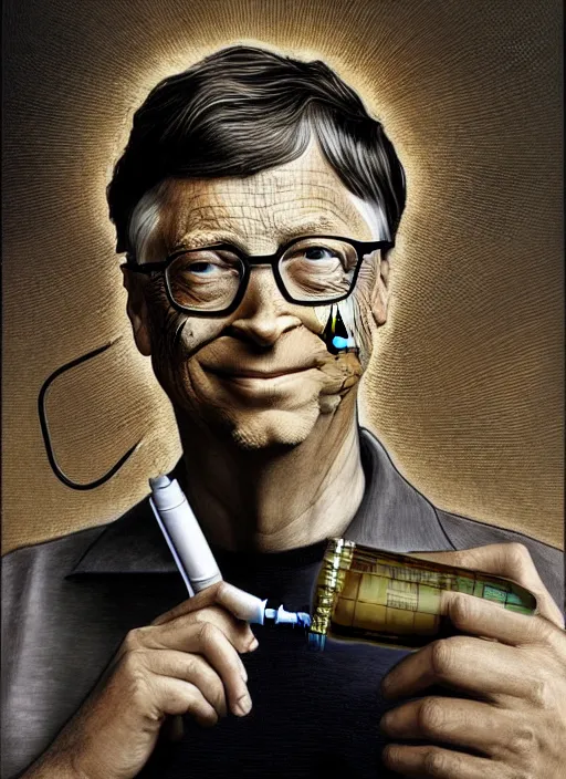 Prompt: bill gates with reptile skin!!!, holding a syringe, portrait, intricate, elegant, highly detailed, digital painting, artstation, concept art, wallpaper, smooth, sharp focus, illustration, art by h. r. giger and artgerm and greg rutkowski and alphonse mucha