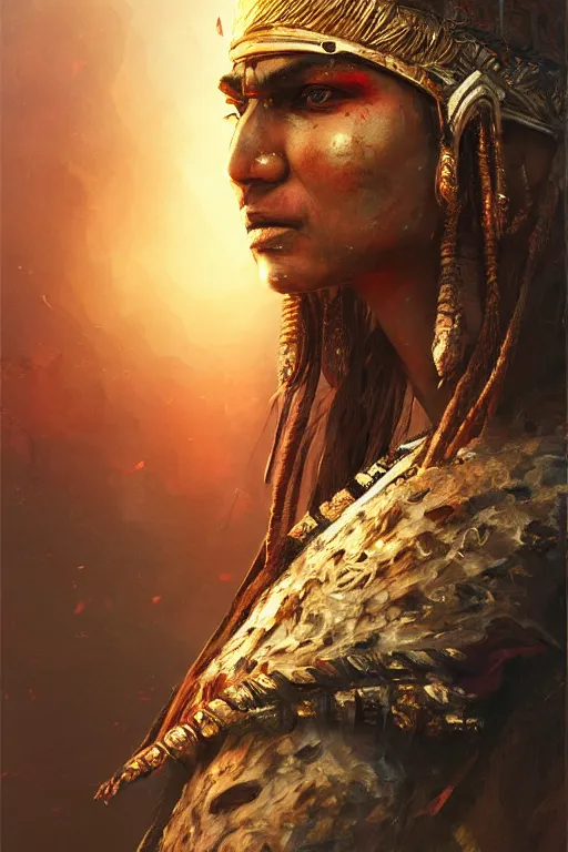 Image similar to indian warrior, close - up portrait, fierce, intricate, elegant, volumetric lighting, scenery, digital painting, highly detailed, artstation, sharp focus, illustration, concept art, ruan jia, steve mccurry