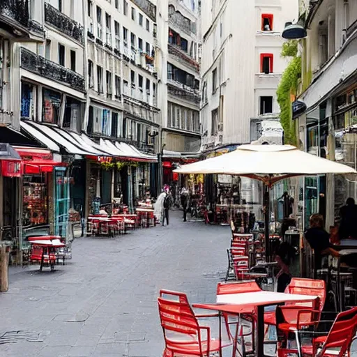 Prompt: une rue de paris vide avec des voitures garees, un restaurant avec une terrasse, des boutiques avec des neons, en debut de matinee ( ( ( ( ( en 2 0 2 0 ) ) ) ) )