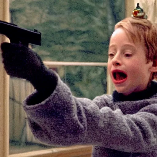 Prompt: kevin from home alone movie pointing gun at his head 4k still shot from