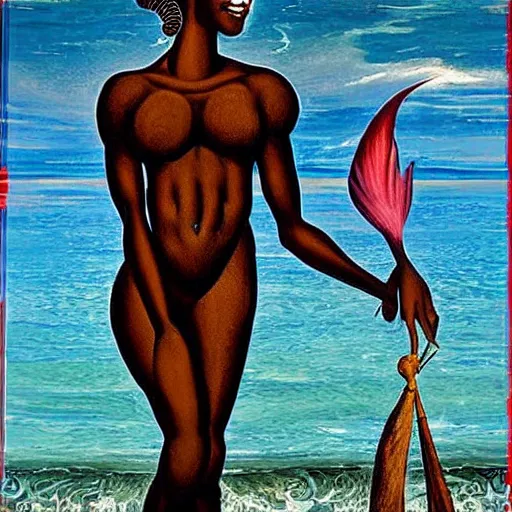 Image similar to full body painting Botticelli Black African goddess rising from the sea