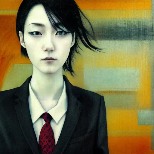 Image similar to yoshitaka amano blurred and dreamy realistic three quarter angle portrait of a young woman with short hair and black eyes wearing office suit with tie, junji ito abstract patterns in the background, satoshi kon anime, noisy film grain effect, highly detailed, renaissance oil painting, weird portrait angle, blurred lost edges