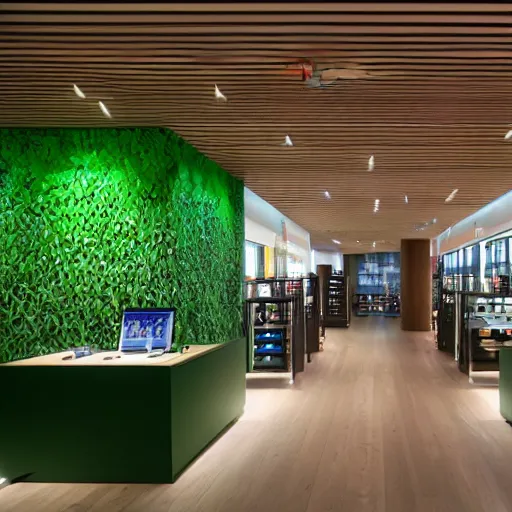 Prompt: interior photography of a Microsoft Samsung flagship store, wood, polished concrete, spotlights, verdant plants green wall, water feature, award winning interior design, patterns, retaildesignblog, retail-focus, retaildive, dezeen, 14mm, 8k, cinestill, pentax, film