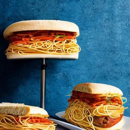 Prompt: a spaghetti sandwich, cookbook photo