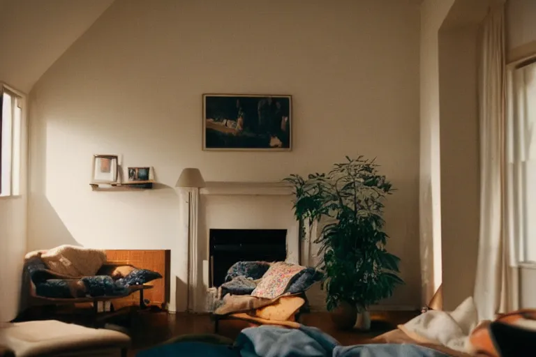 Image similar to film photography of the light shining in living room interior, soft light, no focus